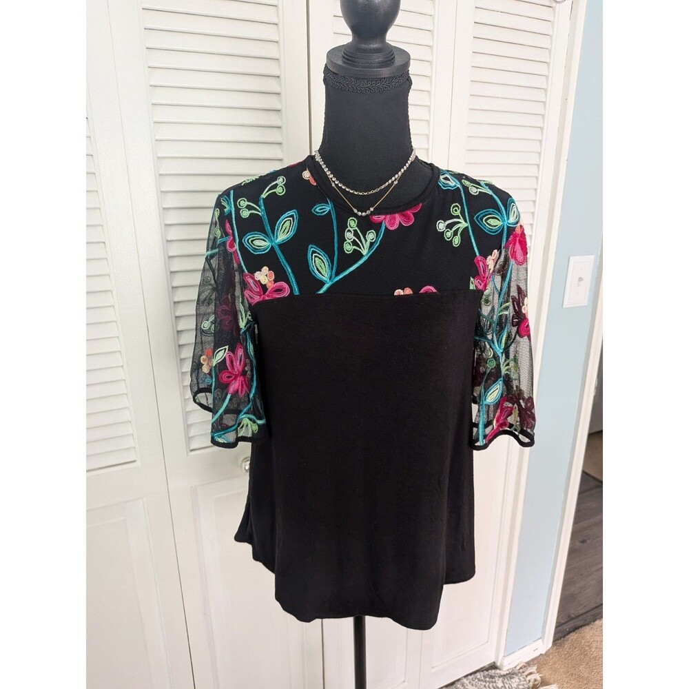 Kim & Cami Top Women's S Black Floral Embroidered Illusion Mesh Bell Slv Fairy